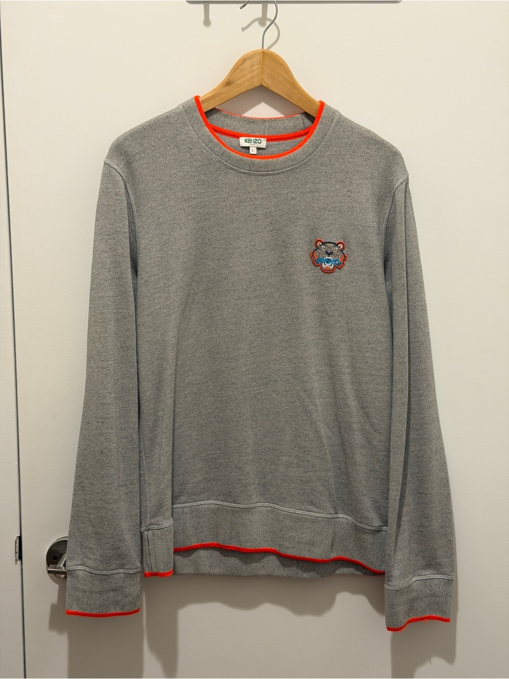 Kenzo Grey Crewneck Sweatshirt with Orange Trim and Tiger Patch